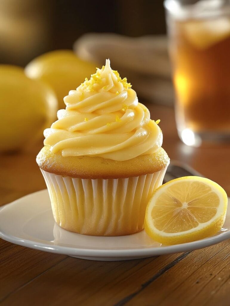 Fluffy lemon cupcake with a swirl of silky lemon frosting