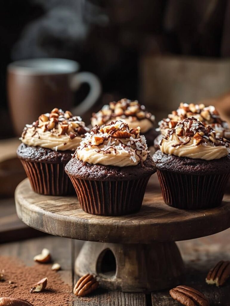 German Chocolate Cupcakes on a Rustic Stand