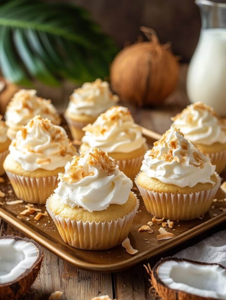 Golden Tray of Coconut Cream Pie Cupcakes