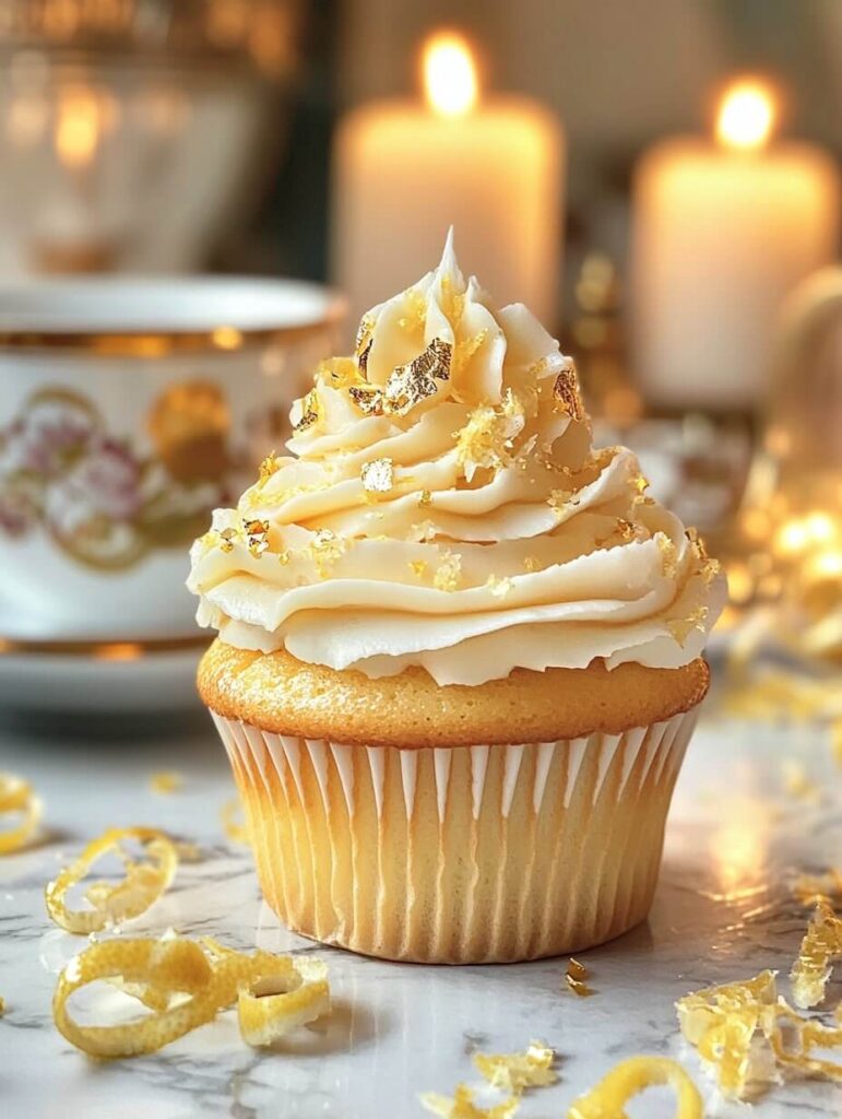 Golden lemon cupcake with edible gold flakes