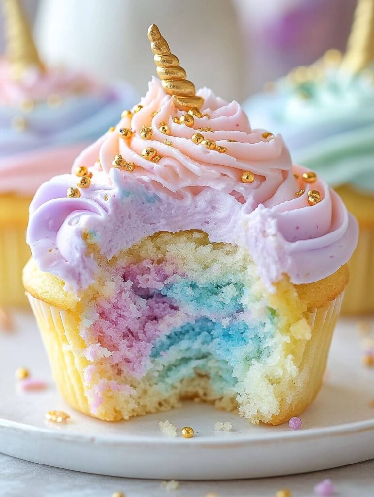 Half-Eaten Unicorn Cupcake with a Colorful Surprise Inside