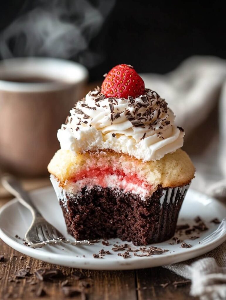 Half-eaten Neapolitan cupcake with layers of chocolate, vanilla, and strawberry