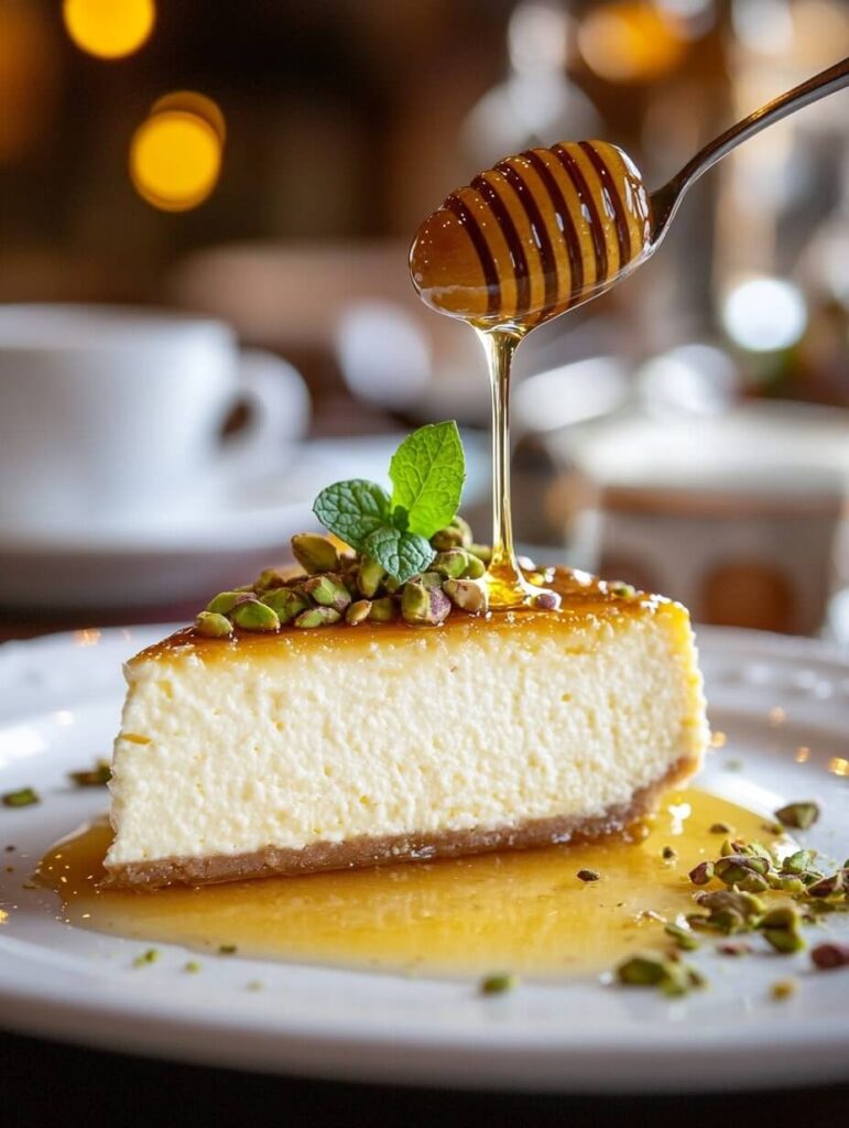 Honey Drizzled Cheesecake with Pistachios and Mint