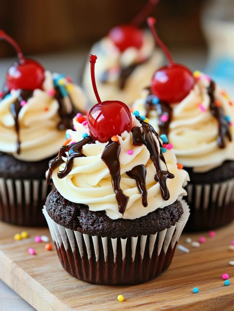 Hot Fudge Sundae Cupcakes with Cherries on Top