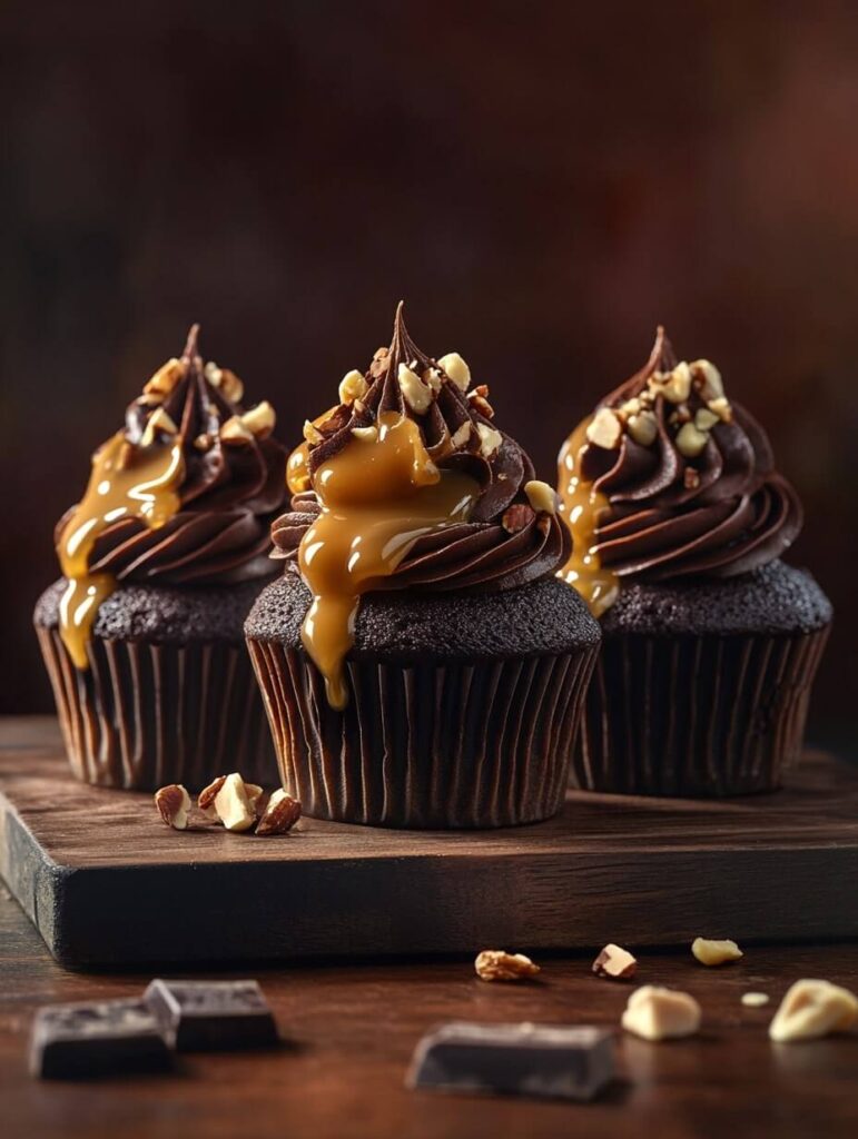 Indulgent Vegan Chocolate Cupcakes Drizzled with Caramel and Nuts