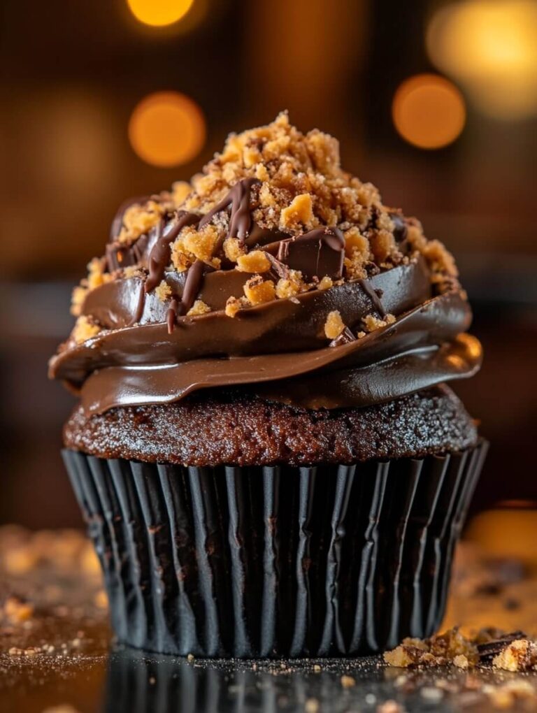 Indulgent chocolate cupcake with creamy peanut butter frosting and caramelized topping