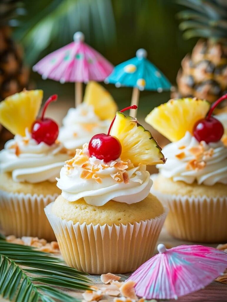 Island-Themed Cupcakes with Pineapple and Umbrella Decorations