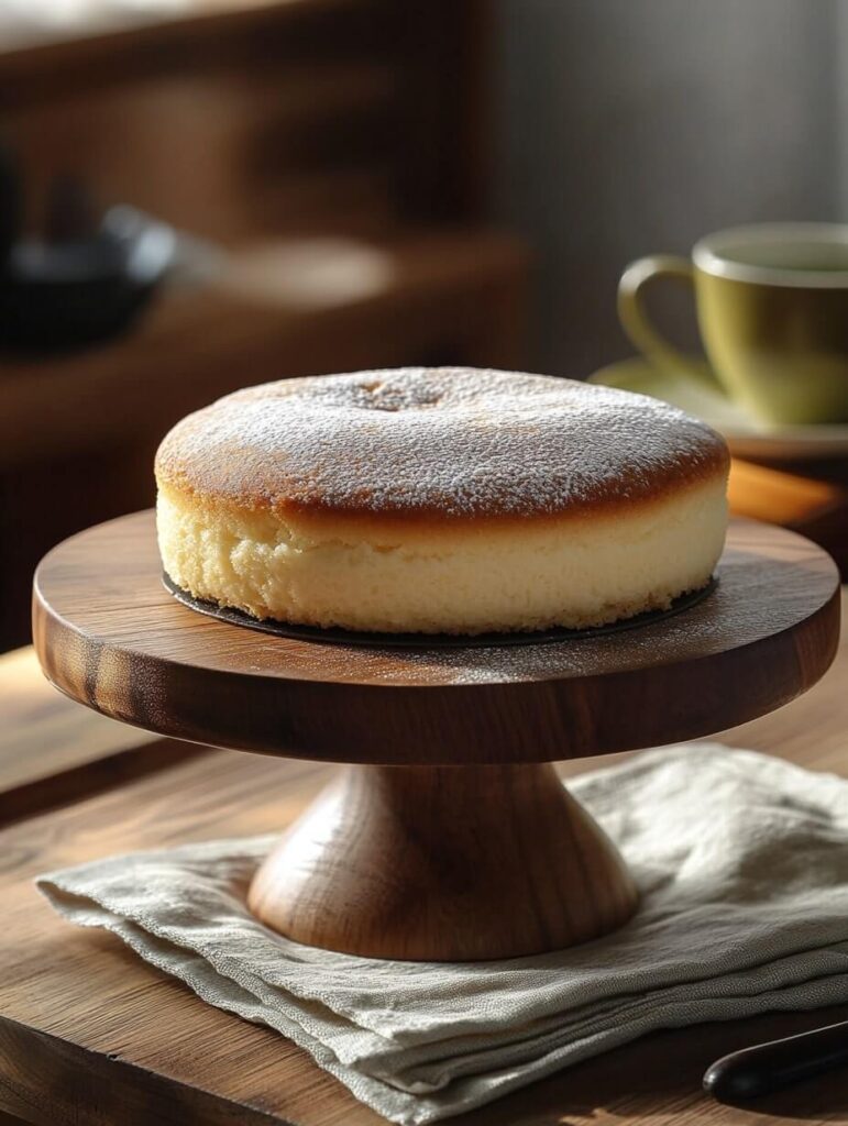 Japanese Soufflé Cheesecake on a Wooden Stand