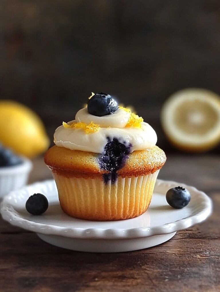 Lemon blueberry cupcake with a burst of blueberry filling