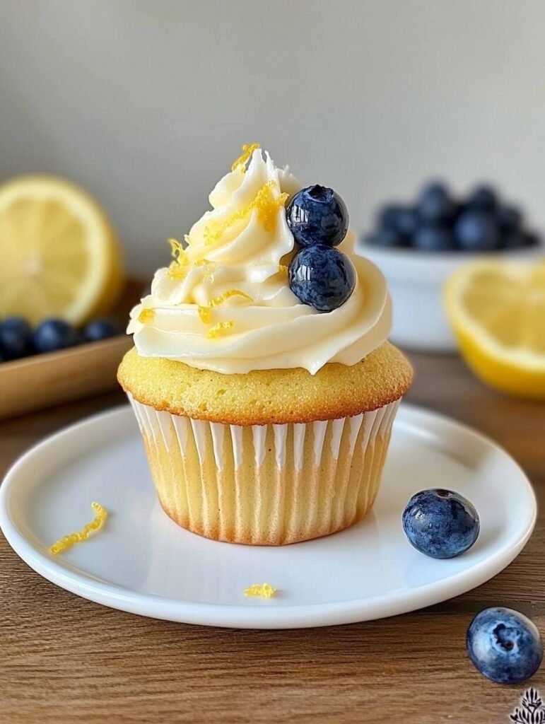 Lemon blueberry cupcake with fresh blueberries and lemon zest