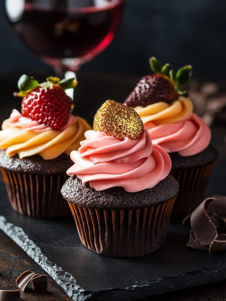 Luxurious Neapolitan cupcakes with chocolate, vanilla, and strawberry frosting