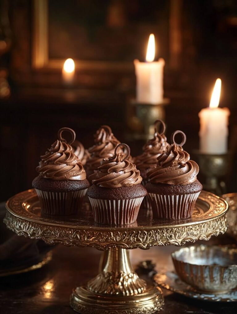 Luxurious dark chocolate cupcakes on an elegant cake stand