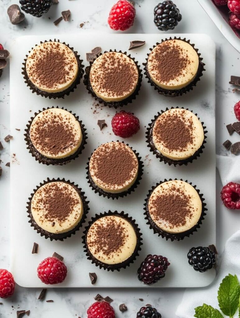 Mini Cheesecakes with Cocoa Dusting and Berries