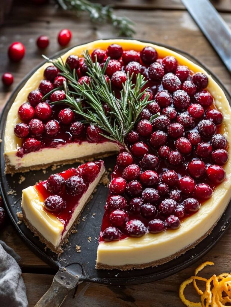 Overhead Shot of a Sliced Cheesecake with Garnishes