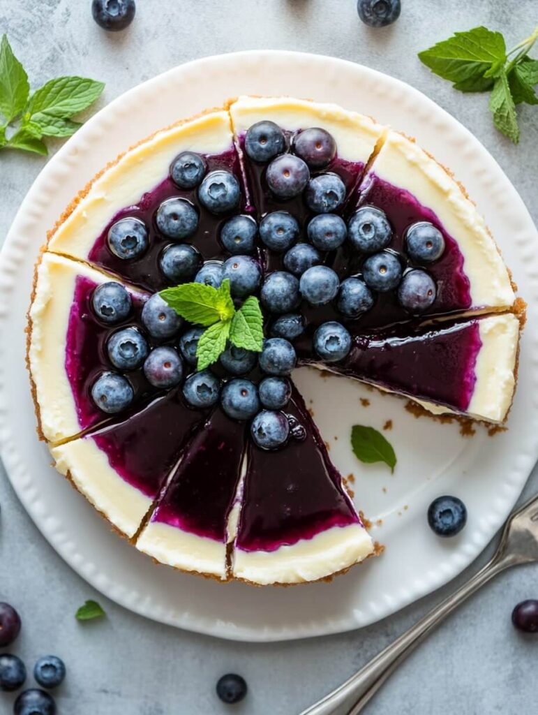 Overhead View of Blueberry Cheesecake with Fresh Berries