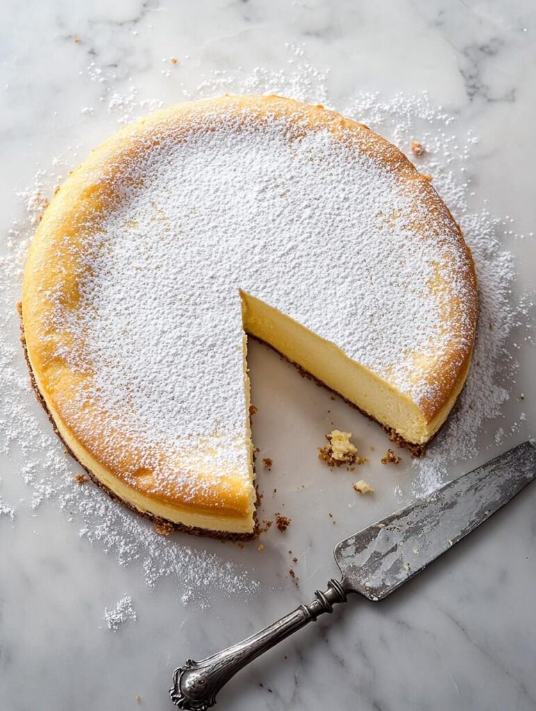 Overhead shot of a sliced cheesecake with minimal dusting