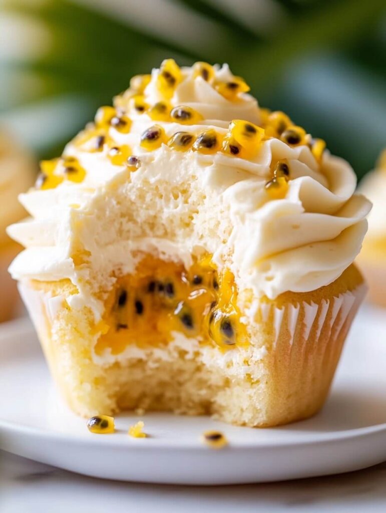 Passion fruit-filled cupcake with creamy frosting