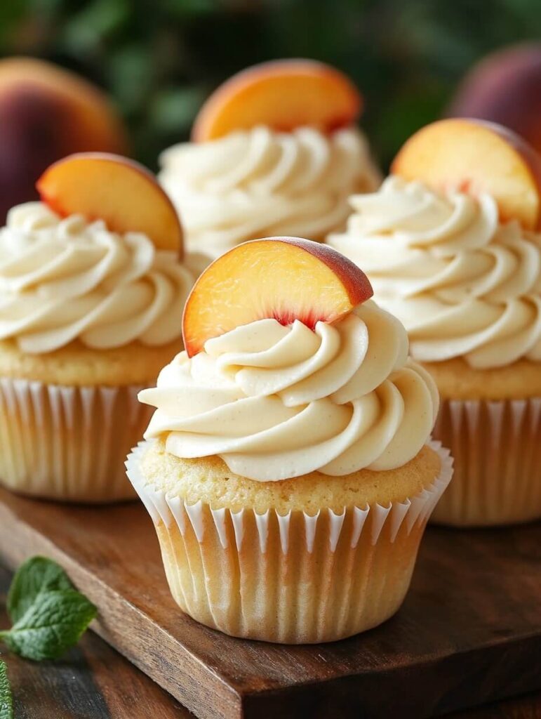 Peach Vanilla Cupcakes on a Wooden Tray