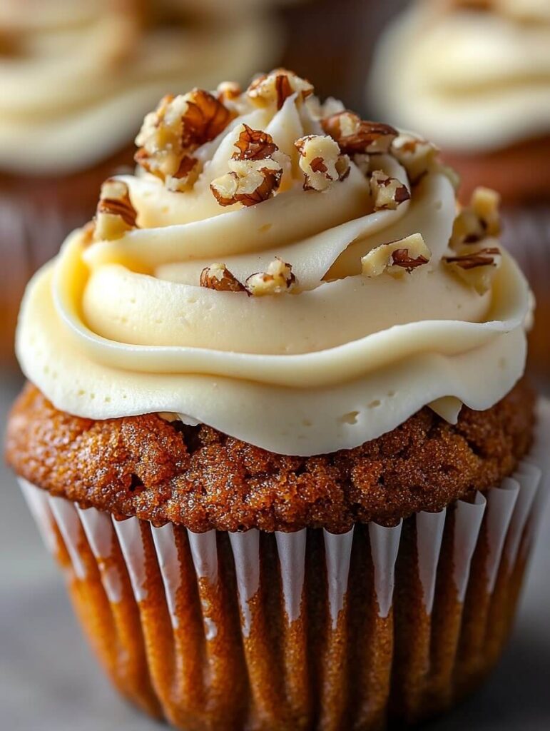 Pecan-Topped Carrot Cupcake with Silky Frosting