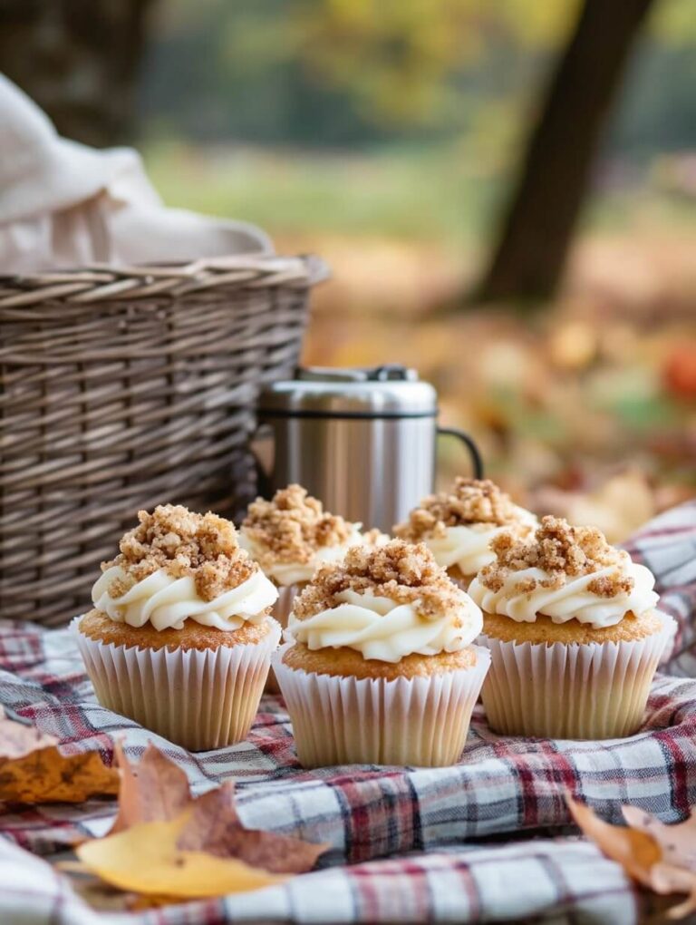 Picturesque outdoor picnic setting with apple crumble cupcakes