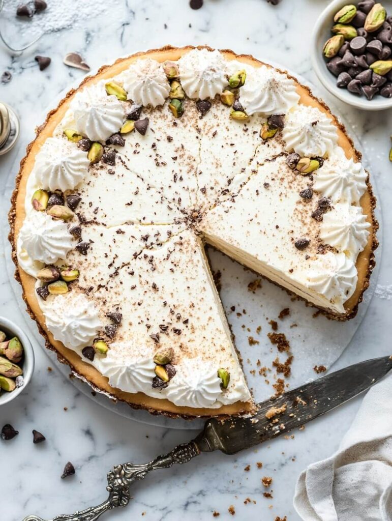 Pistachio Chocolate Chip Cheesecake with Whipped Cream Garnish