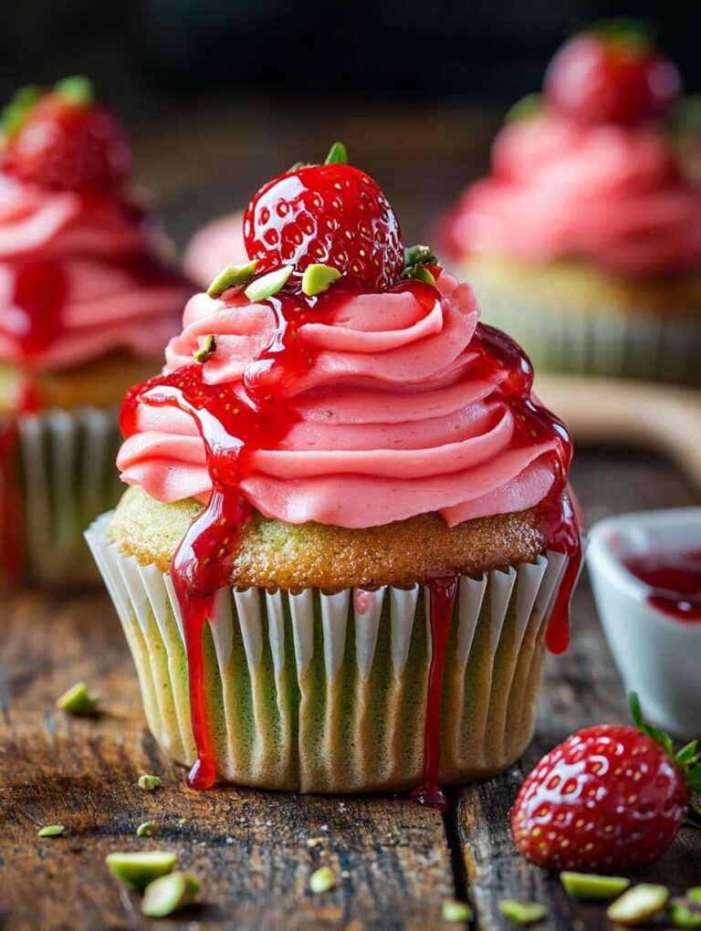 Pistachio Cupcake with Strawberry Drizzle and Fresh Berries