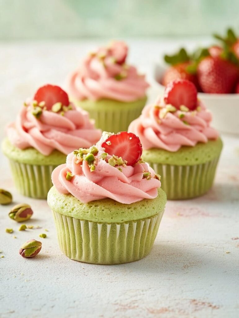 Pistachio Cupcake with Strawberry Drizzle and Fresh Berries