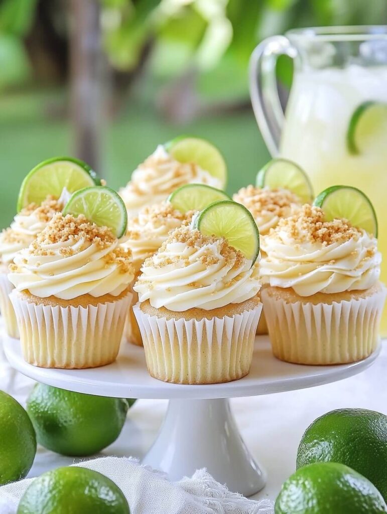 Refreshing Key Lime Pie Cupcakes on a White Cake Stand