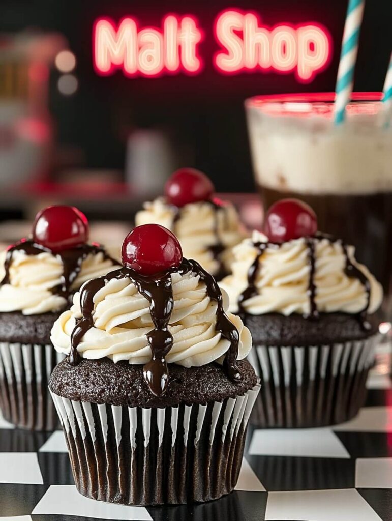 Retro-Themed Chocolate Drizzled Cupcakes