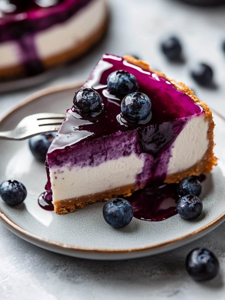 Rich Blueberry Drizzle Cheesecake Slice