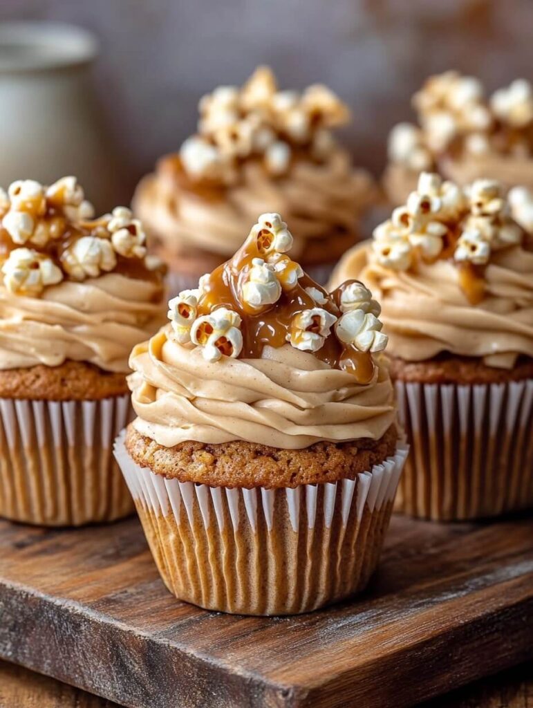 Rich Caramel Drizzle Popcorn Cupcakes