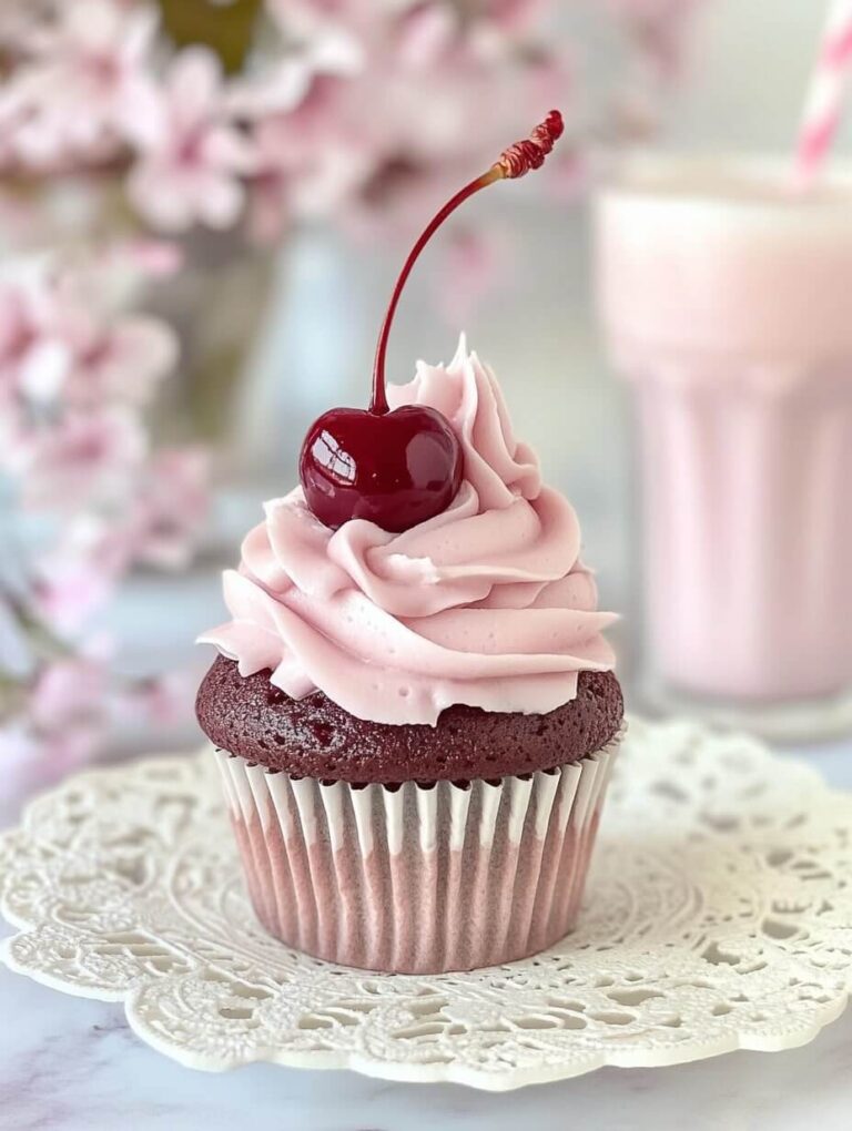 Rich Chocolate Cherry Cupcake with Light Pink Swirl