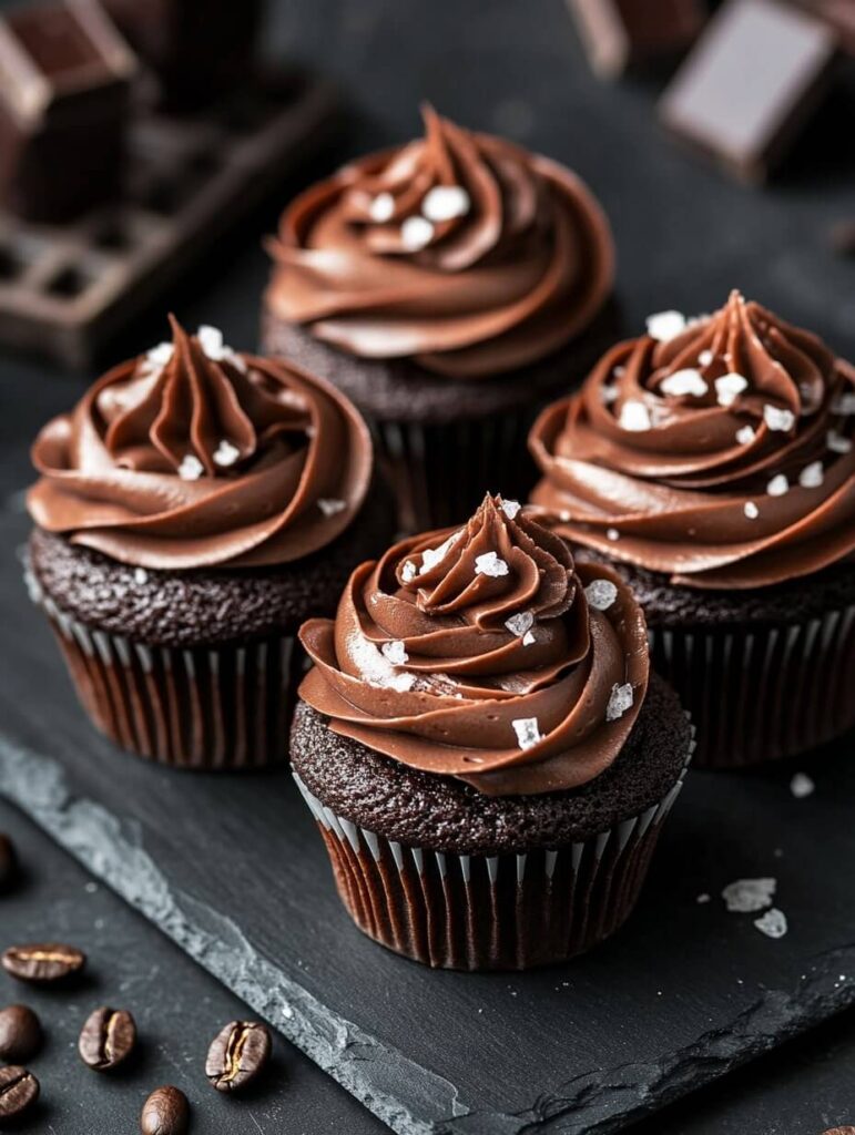 Rich Chocolate Cupcakes with Sea Salt Topping