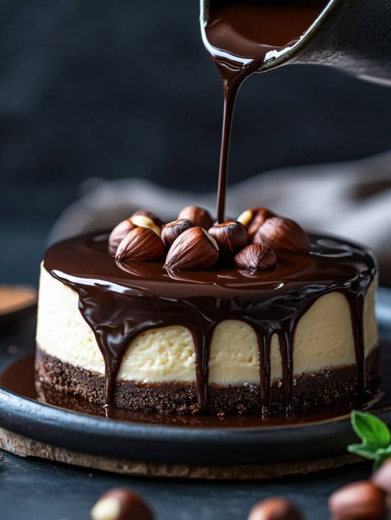 Rich Chocolate-Drizzled Whole Cheesecake with Hazelnuts