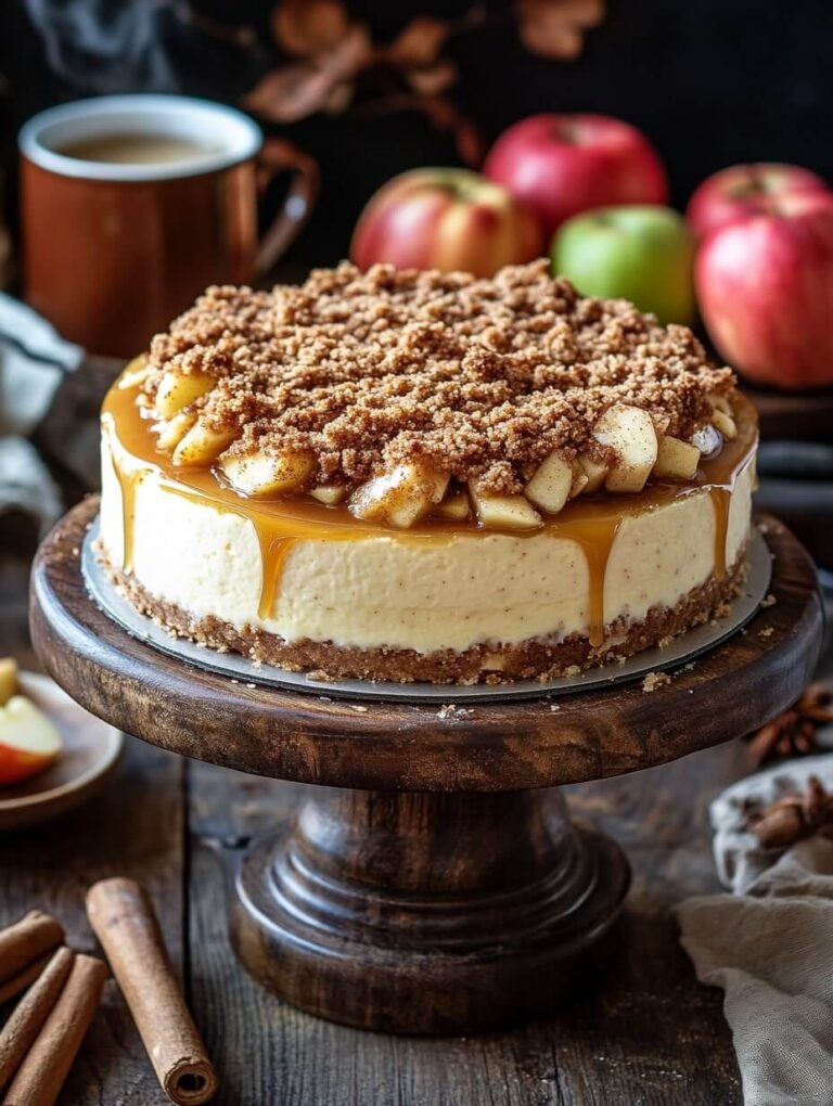 Rustic Apple Crumb Cheesecake on Wooden Stand