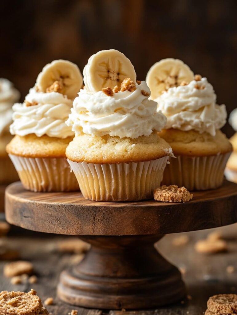 Rustic Display of Banana Pudding Cupcakes on a Wooden Stand