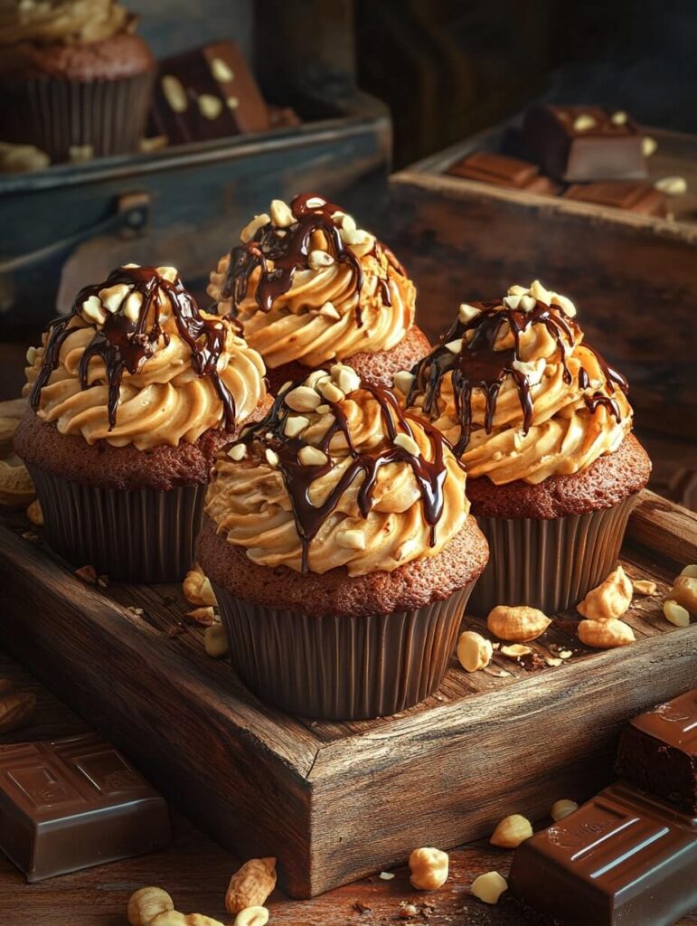 Rustic Peanut Butter Drizzled Cupcakes with Dark Chocolate Glaze