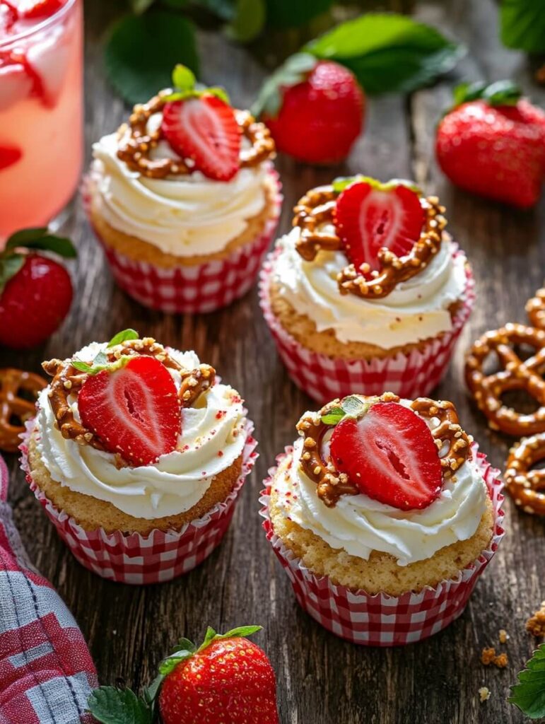 Rustic Strawberry Pretzel Cupcakes