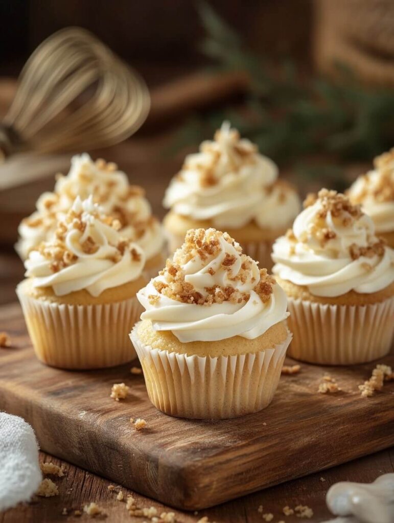 Rustic Vanilla Cupcakes with Crumbly Topping on a Wooden Board