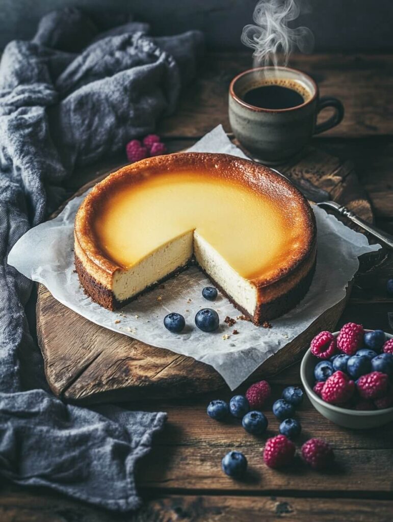 Rustic Whole Cheesecake with Coffee and Fresh Berries