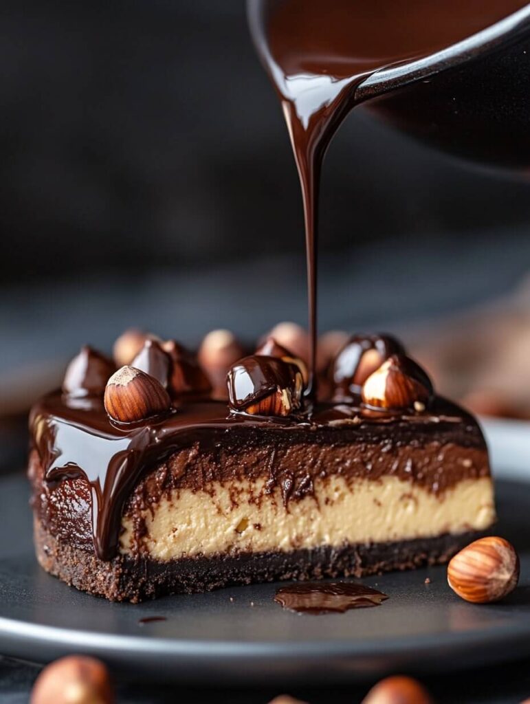 Silky Chocolate Drizzle Over a Slice of Cheesecake