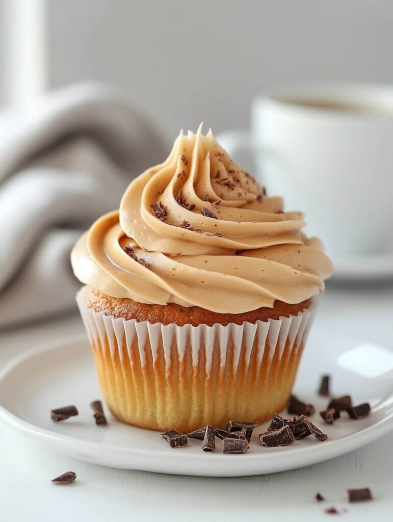 Single Golden Yellow Cupcake with Chocolate Shavings on White Plate