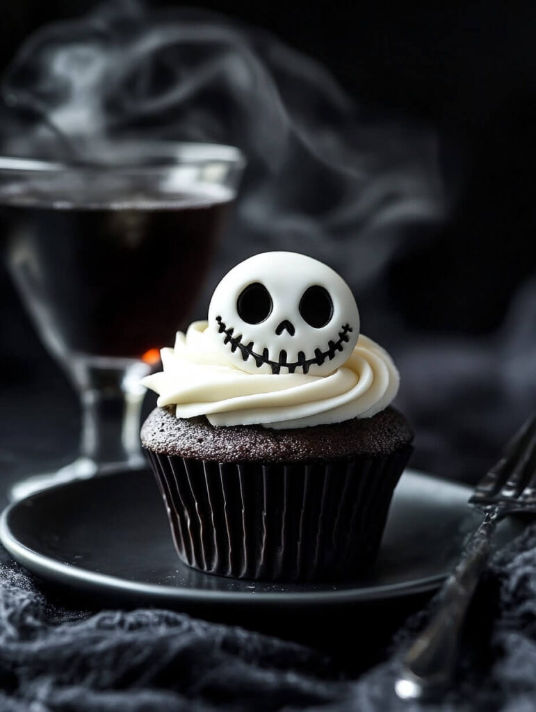 Spooky Jack Skellington Cupcake with a Dark Atmosphere