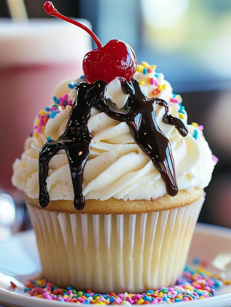 Sprinkled sundae cupcake with whipped cream and cherry