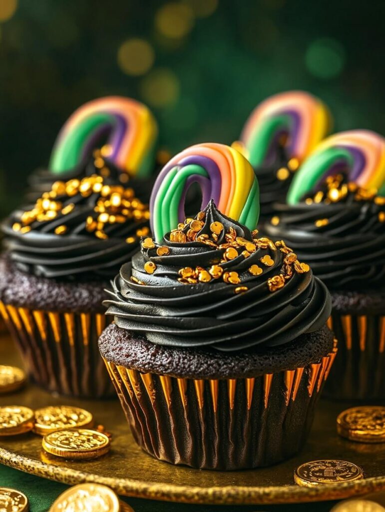 St. Patrick’s Day Rainbow Cupcakes with Gold Sprinkles