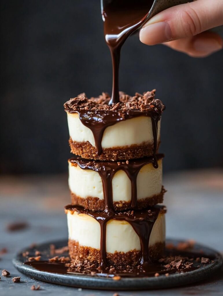 Stacked Mini Cheesecakes with Chocolate Drizzle