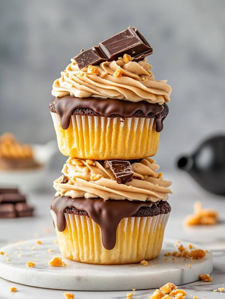 Stacked peanut butter chocolate cupcakes with rich ganache