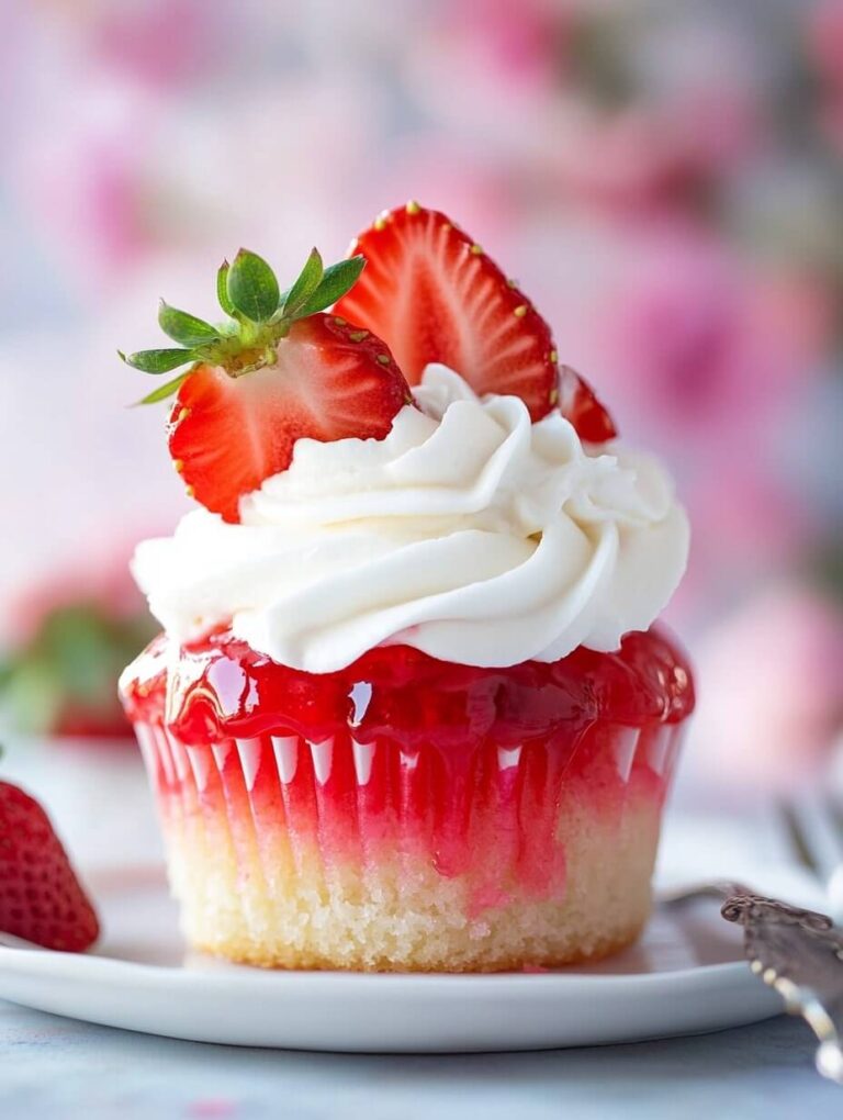 Strawberry Jell-O poke cupcake with a creamy swirl