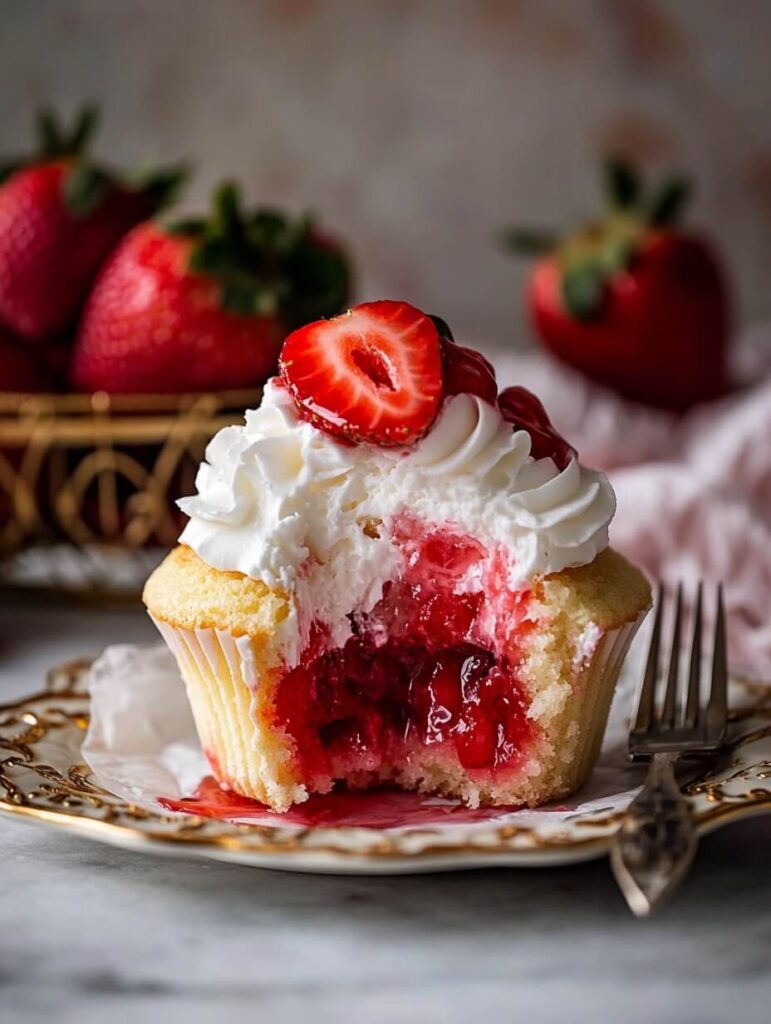 Strawberry-filled vanilla cupcake with whipped cream topping