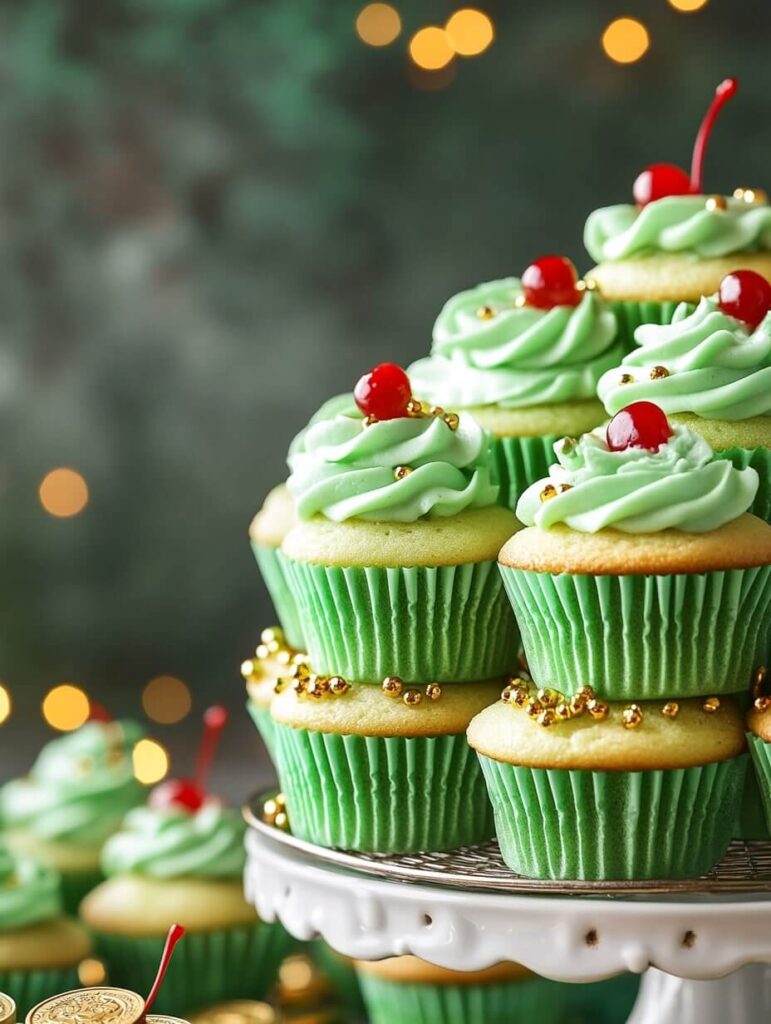 Tiered Display of Festive Green Cupcakes